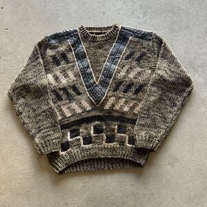 Vintage 90s Street Scenes Geometric Sweater Size Large Brown Pullover Acrylic